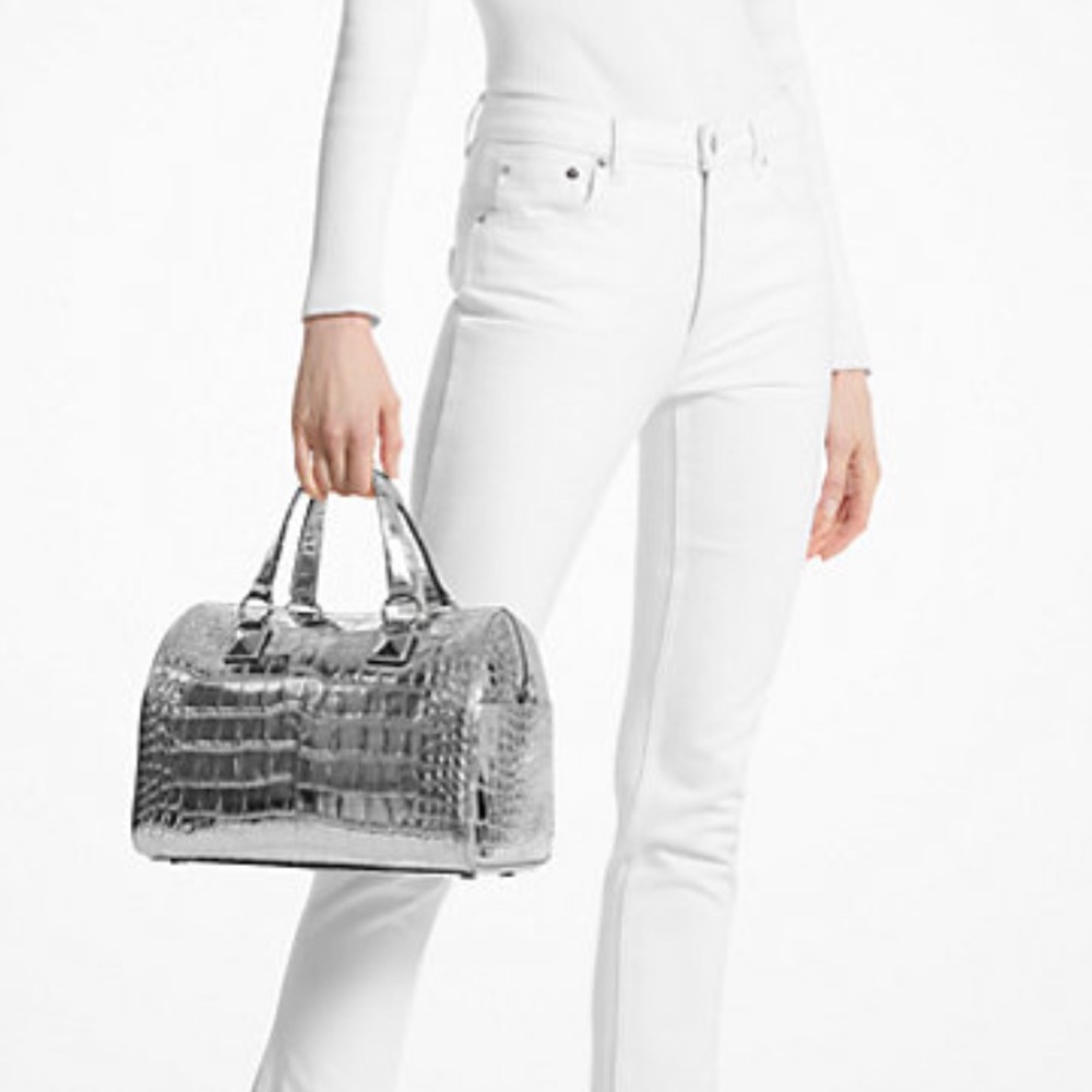 Michael Kors Grayson Md Metallic Crocodile Embossed Leather Satchel
Silver - Picture 3 of 16